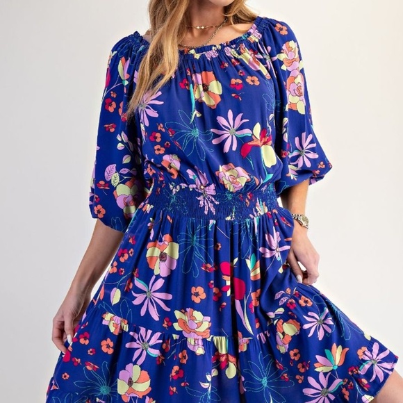 Easel Los Angeles Dresses & Skirts - FLORAL PRINTED CHALLIS DRESS Royal Blue